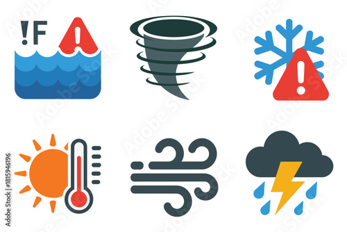 Severe weather hazard icons, flood water level, tornado cyclone, snowflake alert, heat thermometer, strong wind, lightning storm