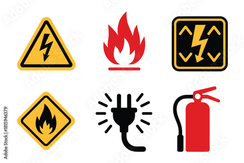 Electrical and fire safety icons, lightning warning sign, flame symbol, plug hazard, extinguisher, triangular caution badge, protection vector