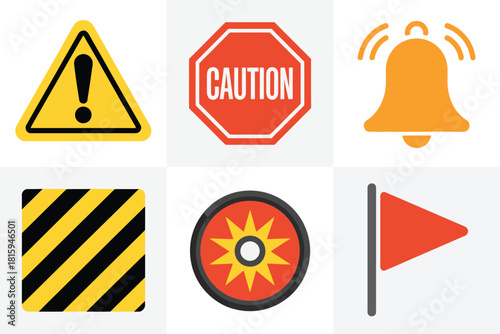 Warning icons tiles, triangular danger sign, octagon caution label, alarm bell, hazard stripes, star, pennant flag, signage vector