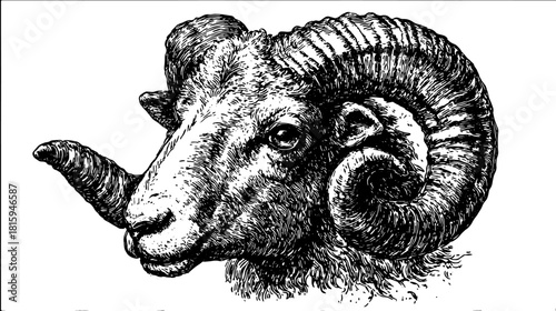 Sheep head illustration in black and white outline. Vintage vector illustration showcasing detailed features in a simple, flat style.