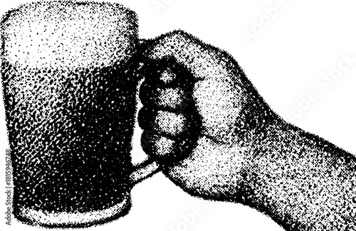 Hand holding a beer mug filled with foam. Vintage black and white engraving style illustration. Suitable for bar logo, pub poster or Oktoberfest design.