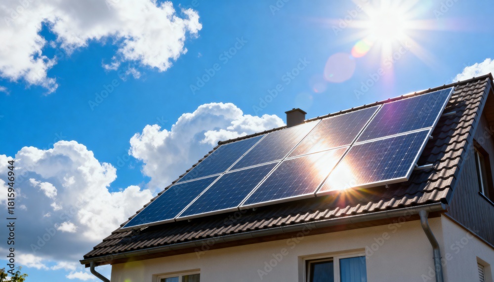 Fototapeta premium Solar panels on residential house roof against blue sky and sun, renewable energy concept