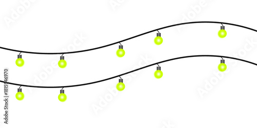 Two wavy strings of glowing yellow-green party lights hanging on a plain white background.