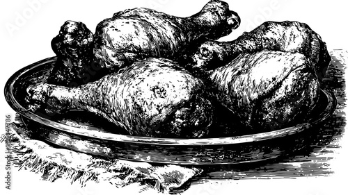 Chicken drumstick illustration in vintage engraving style. Black outline on a plate, showcasing culinary detail in a classic food set. Vector art included.
