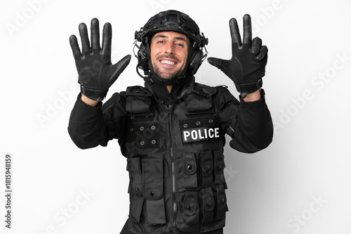 SWAT caucasian man isolated on white background counting eight with fingers