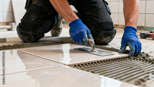 Tiler applying adhesive to floor before setting ceramic tiles in clean indoor space with light-colored walls. Concept of home improvement, flooring services, renovation industry