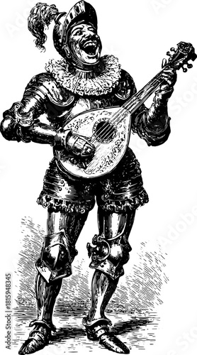 Musician singing while playing a vintage guitar. This engraving features a joyful character in classical costume. Vector illustration captures an artistic moment.