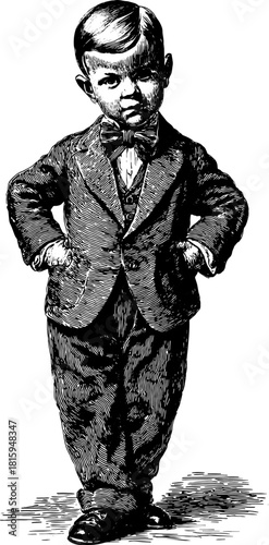 Vintage engraving illustration of a boy in a suit. This black-and-white set features a dapper child with a bowtie and a classic outline style.