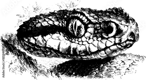 Illustration of a snake head with detailed scales and an eye. Black and white vector graphic for wildlife and scientific contexts.