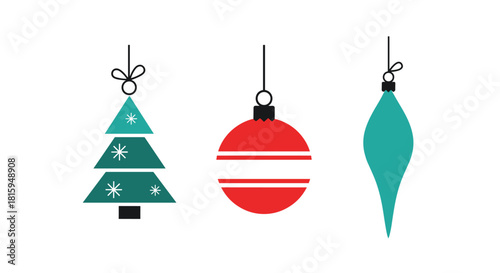 Collection of three retro-style hanging Christmas ornaments including a tree, a bauble, and a teardrop shape for decoration.