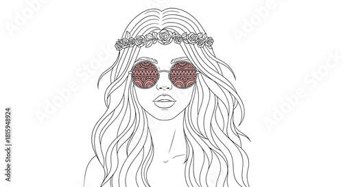 Line art portrait of a beautiful hippie woman with long wavy hair, a flower crown, and decorative round sunglasses design.