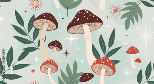Whimsical seamless pattern with magical amanita mushrooms, green leaves, and sparkling stars on a light blue background.