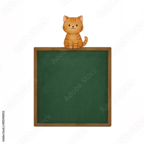 Illustration of a sitting brown cat and a chalkboard.