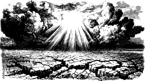 Antique engraving of sunlight breaking through clouds over a cracked surface. Vintage black and white vector illustration.