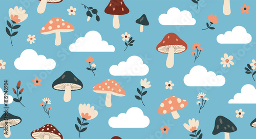 Cute and seamless pattern with whimsical cartoon mushrooms, flowers, and fluffy white clouds on a light blue sky background.
