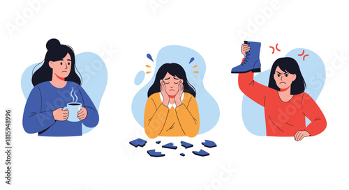 Collection of illustrations showing a woman experiencing various negative emotions like sadness, frustration, and anger.