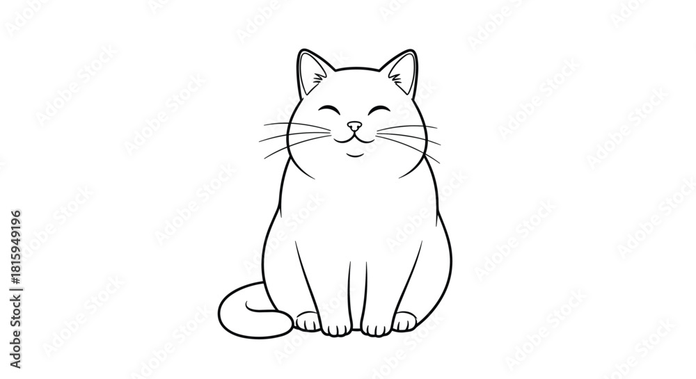 Fototapeta premium Cute and simple black and white line art illustration of a happy, smiling, fluffy cat sitting contentedly on the floor.