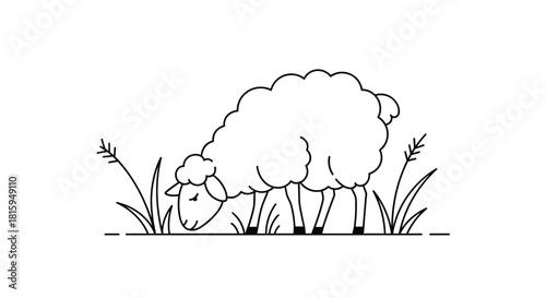 Simple and clean black and white line art illustration of a fluffy sheep grazing peacefully in a field of tall grass.