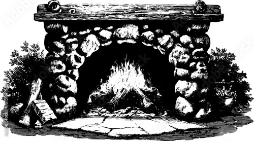 Vintage fireplace in black outline style. This vector illustration showcases an antique stone and wood design, emphasizing a cozy home vibe.