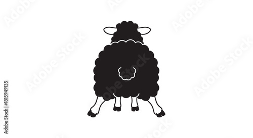 Minimalist and funny black silhouette illustration of a fluffy sheep seen from the back, isolated on a white background.