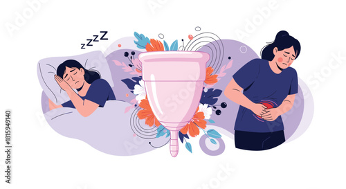 Concept illustration about menstrual cycle care showing a woman sleeping, another with cramps, and a large menstrual cup.