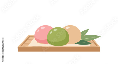 Three colorful Japanese dango rice dumplings in pink, green, and beige, served on a traditional wooden tray with leaves.
