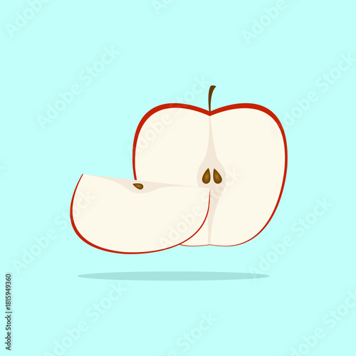 Illustration vector graphic of red apple slice on a blue background.