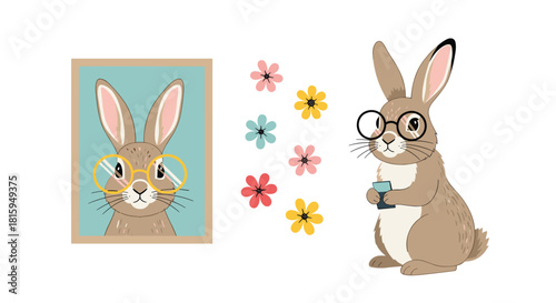 Cute collection of a nerdy rabbit with glasses in a portrait and another rabbit using a smartphone, with colorful flowers.