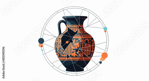 Conceptual illustration of a broken ancient Greek vase being restored or analyzed with a geometric network of connected lines.