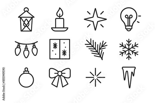 Winter Glow Icons. Winter evening glow. Line outline icon set of Winter evening glow: lantern, candle flame,