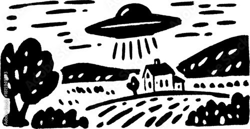 UFO silhouette above a simple landscape featuring a house and trees. Black line drawing vector illustration depicting rural scenery.