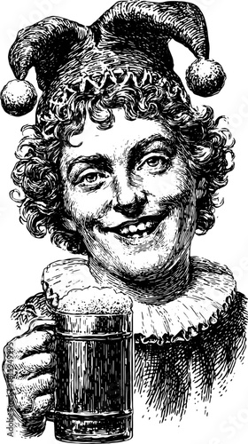 Antique engraving of a jovial character holding a beer mug. Hand-drawn vector illustration with distinct lines, perfect for holiday themes.