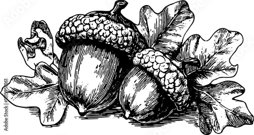 Vintage acorn and leaf drawing in detailed outline style. This botanical illustration features intricate line work in black and white vector format.