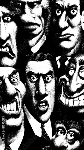 Engaging line drawing of expressive characters in vintage style. This unique vector illustration showcases humorous faces in a creative set.