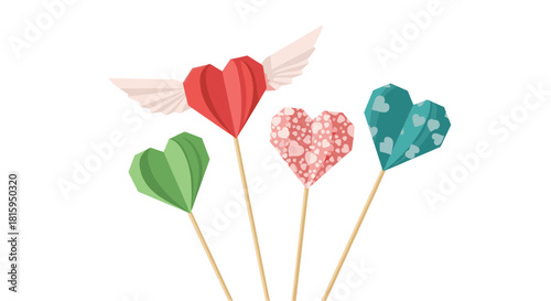 A charming collection of four colorful origami hearts on sticks including one with paper wings perfect for Valentine's Day designs.