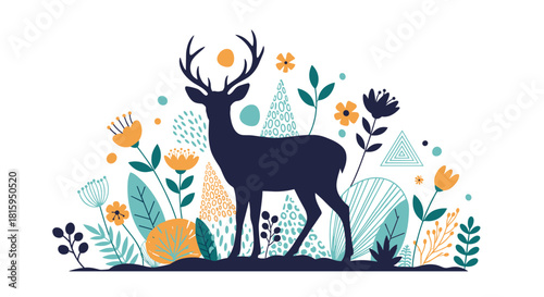 A beautiful dark blue silhouette of a deer with large antlers standing among stylized abstract flowers and foliage in a folk art style.