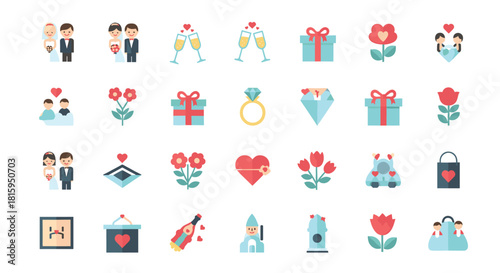 A comprehensive set of flat design wedding and romance icons in pastel colors including a bridal couple rings gifts and flowers.