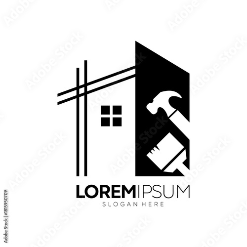 Construction Logo Design with Hammer and Paintbrush Icon.