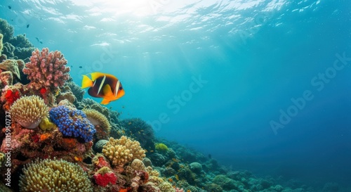 Fototapeta Naklejka Na Ścianę i Meble -  Sunlit underwater scene featuring vibrant coral reef and tropical fish