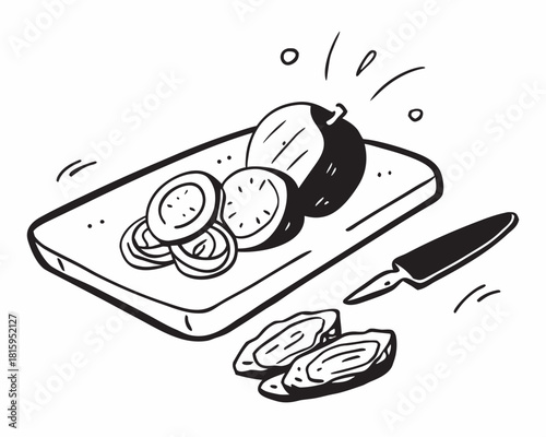 Illustration of a sliced onion on a cutting board isolated on