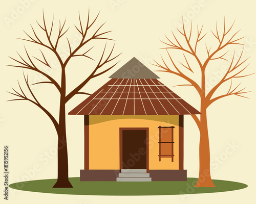 Illustration of a traditional house with trees in a serene setting
