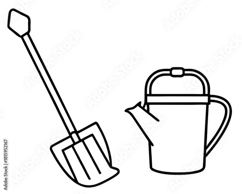Illustration of shovel and watering can isolated on