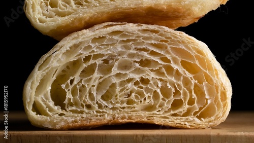 Photos Close up of a freshly baked croissant showing its flaky layers