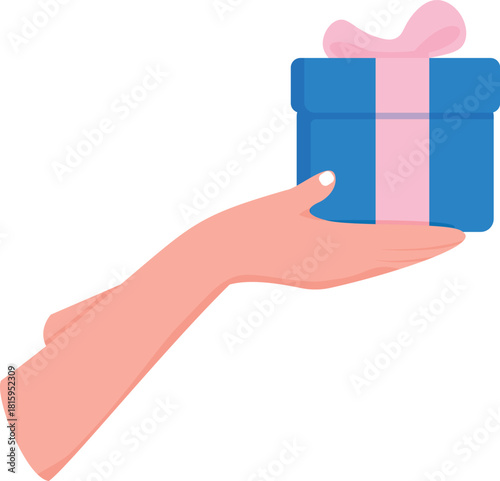 Hand holding a blue gift box with a pink ribbon