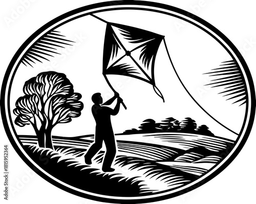 Silhouette of a boy flying a kite in a rural landscape scene