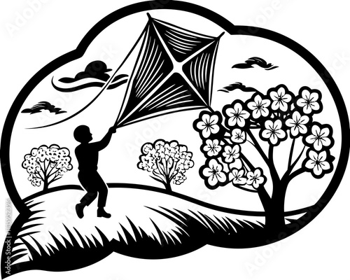 Silhouette of a child flying a kite near blossoming trees