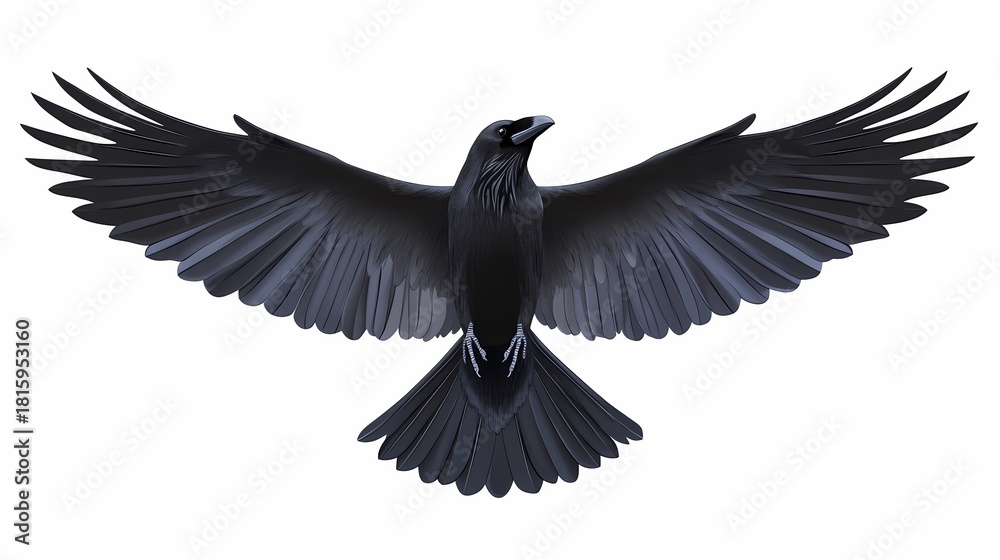 Fototapeta premium Majestic black bird with wings spread wide in flight against a white background