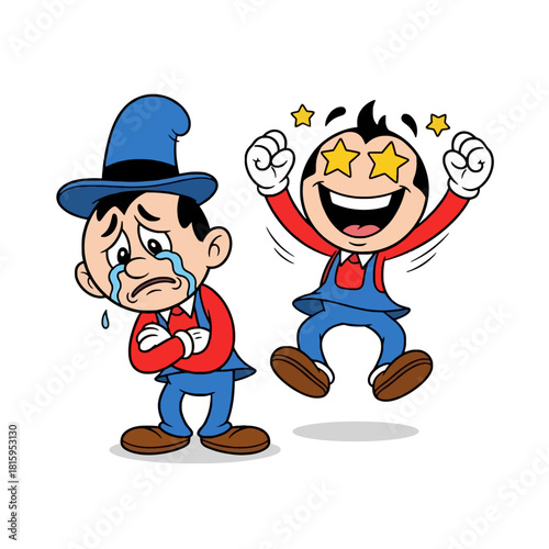 Two cartoon characters depicting contrasting emotions of sadness and extreme happiness, one crying and the other jumping with joy and stars in eyes.