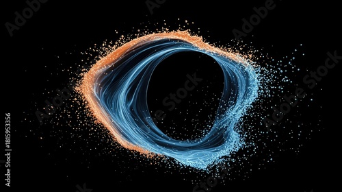 A dynamic, abstract composition featuring a swirling vortex of luminous blue light intertwined with scattered orange particles against a stark black background.