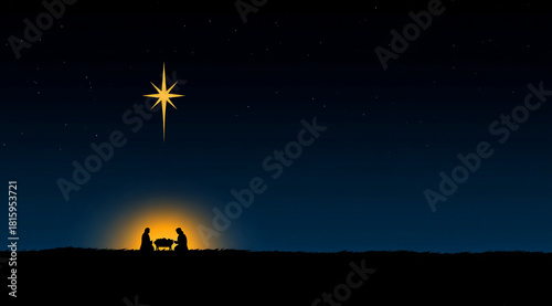 Merry Christmas greeting card. The silhouette of Mary and Joseph bent over the manger of baby Jesus against the background of the star of Bethlehem and the night sky.